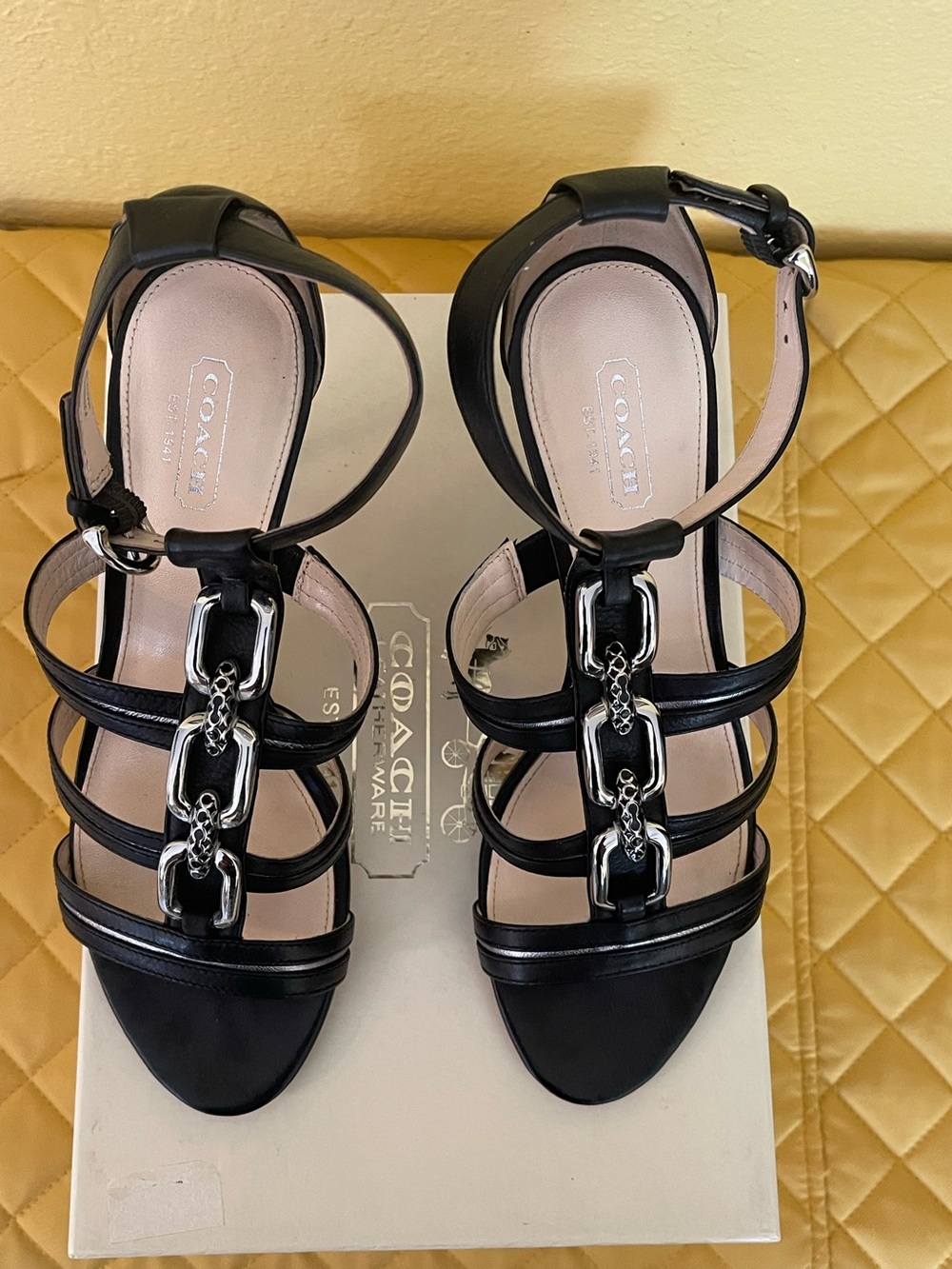 Coach Blake Sandal - Black Leather Strappy Heels with Silver Chain Accents